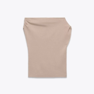 Chic off-shoulder slim fit knit top in beige mocha with vertical ribbed texture
