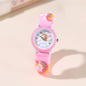 Kids Cartoon Watch 3D Unicorn Relief Silicone Strap Plastic Case Quartz Analog Time Teacher For Girls