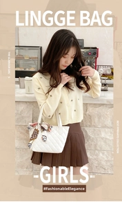 White quilted PU tote bag detail featuring a decorative floral silk scarf on the handle