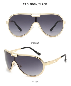 Front and side views of shield sunglasses with gold metal frame and gradient lenses