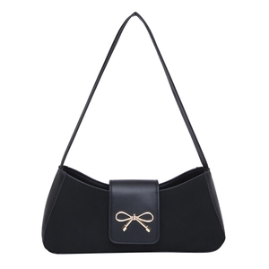 Elegant black baguette shoulder bag for women with decorative gold bow metal accessory