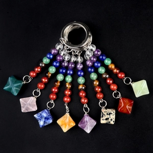 Natural crystal Merkaba star keychains in various colorful gemstones with silver rings