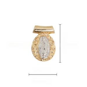 Detailed view of 18k gold-plated Virgin Mary pendant with dimensions 13.5mm by 9.2mm