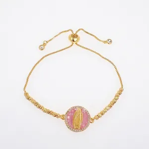 Adjustable 18K gold plated copper bracelet with zircon saint and shell pendant for women