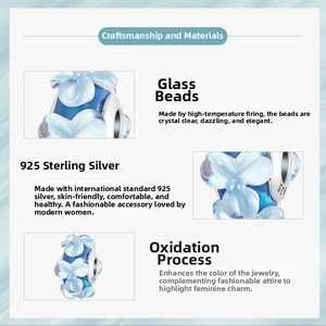 Macro detail of S925 silver blue glass flower charm with high temperature firing craft