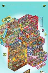 Macro view of modular 2.5D miniature scene stickers showing isometric gaming and music themes