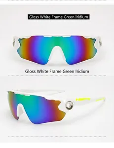 Front and side view of white cycling sunglasses with large green mirrored lens