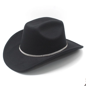 Detail of black western felt hat featuring a sparkling silver rhinestone hatband