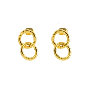 Detailed view of interconnected golden stainless steel double loop stud earrings