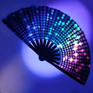 Detail of LED folding fan showing colorful light beads on black fabric in the dark