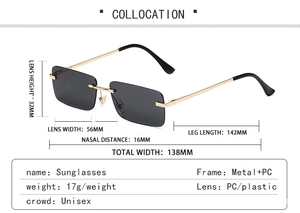 Detailed dimension guide for rimless rectangle sunglasses showing frame and lens measurements