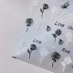 3D embossed nail stickers featuring black and white roses and butterfly motifs, model MN-174P