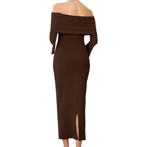 Deep coffee off-shoulder long sleeve knitted maternity maxi dress with back slit