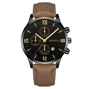 Men's fashion quartz watch with brown leather strap and black Roman numeral dial