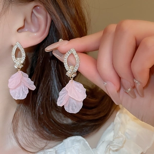 Pink acrylic flower earrings with zircon knot studs, elegant floral jewelry for women