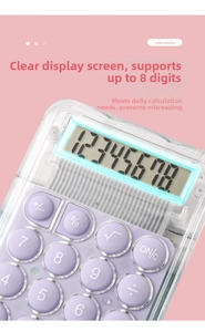 Detail of mini transparent calculator with purple buttons and clear 8-digit LCD screen