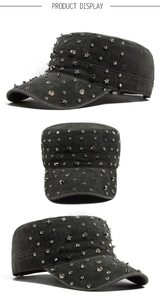 Detailed views of a dark grey cadet cap featuring punk style silver metal rivets and studs