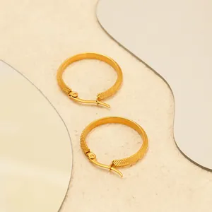 Textured 18k gold plated stainless steel hoop earrings with secure leverback closure