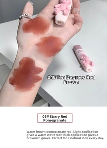 Detail view of Gege Bear matte velvet lip glaze shades 04 and 05 with swatches