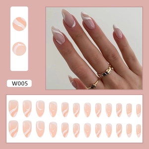 Long almond press-on nails with nude base and minimalist white wave line patterns