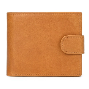 Detail of light brown leather wallet showing stitching and buckle closure on white background