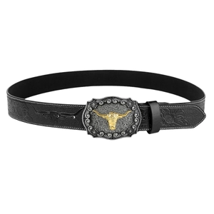 Western cowboy belt featuring a vintage silver buckle with a gold bull head motif