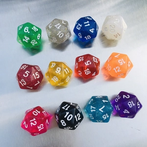 Detailed grid of 12 colorful D20 polyhedral dice on a modern brushed metal surface