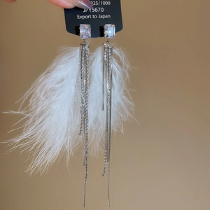 Detail of silver drop earrings featuring white feathers, tassels, and sparkling crystals