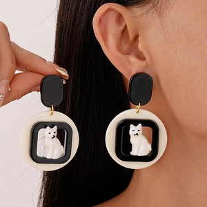 Cute Cartoon Dog Cat Acrylic Dangle Earrings With 925 Sterling Silver Earring Post Geometric Black White Niche