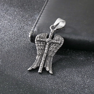 Retro punk silver wing cross pendant in stainless steel with zircon on black leather