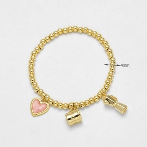 Pulsera de cuentas bañada en oro 18k con corazón de esmalte rosa y dijes de moka, 4mm