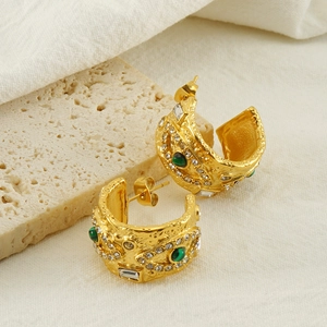Stainless Steel C Shape Hoop Earrings 18K Gold Plated Vintage Hammered Malachite Evil Eye Green Stone Zircon Women