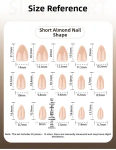 Size chart for nude short almond press-on nails featuring 30 pieces in 15 different sizes