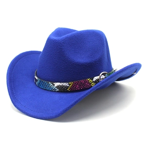 Detail of royal blue wool fedora hat featuring a stylish snakeskin band and metal buckle