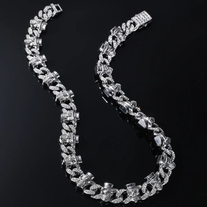 Men's hip hop silver Cuban link chain necklace with iced out skull charms and diamonds