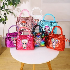 Collection of seven colorful sequin kids handbags featuring cute cartoon doll patterns