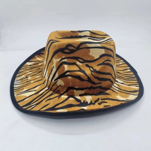 Outdoor jazz cowboy hat with tan tiger print pattern and faux fur texture finish