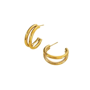 Golden double-layered C-shaped hoop earrings with a polished mirror finish for women