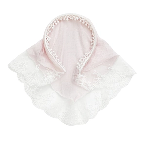Pink and white seersucker lace headscarf with floral embroidery and tassel details