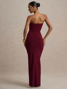 Elegant burgundy tube top backless bodycon maxi dress with ruched detail for women