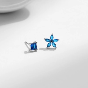 S925 sterling silver asymmetric flower stud earrings with blue square gems for women