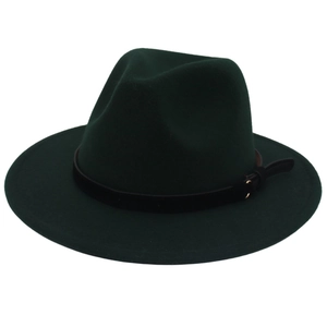 Detail of dark green wool felt fedora featuring black leather band and gold buckle accent