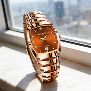 Detail of square gold quartz watch with brown gradient dial and calendar on a windowsill