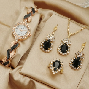 Women Quartz Watch Alloy Leaf Bracelet Rhinestone Fashion Jewelry Necklace Earrings Ring Elegant Accessory For Ladies