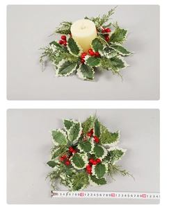 Detailed size measurement of a Christmas wreath with red berries and snowy holly leaves