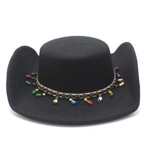 Classic black felt cowboy hat featuring a patterned band and colorful bead decorations