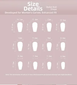 Detailed size chart for ballerina press-on nails featuring twelve precise width measurements