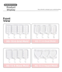 Food-grade white silicone popsicle molds in grid, oval, wave, and heart shapes