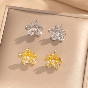 Five Petal Flower Stud Earrings Copper With Zircon Peach Blossom Shape Tiny Minimalist Elegant Jewelry For Women