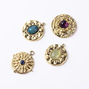 Polished gold stainless steel pendants with natural lapis lazuli and colorful gemstones